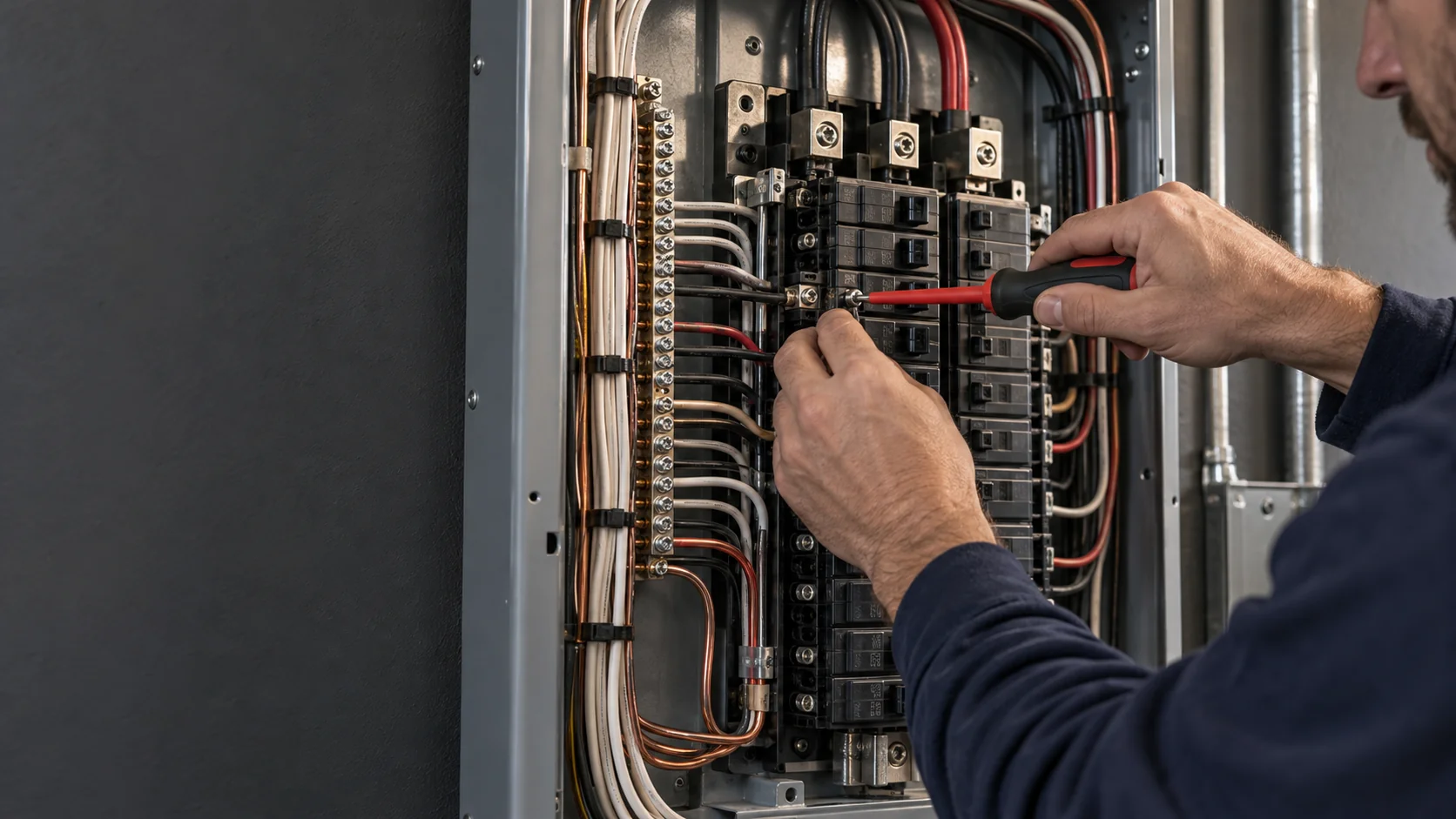 AI-generated illustration of an electrician working on organized electrical panel wiring